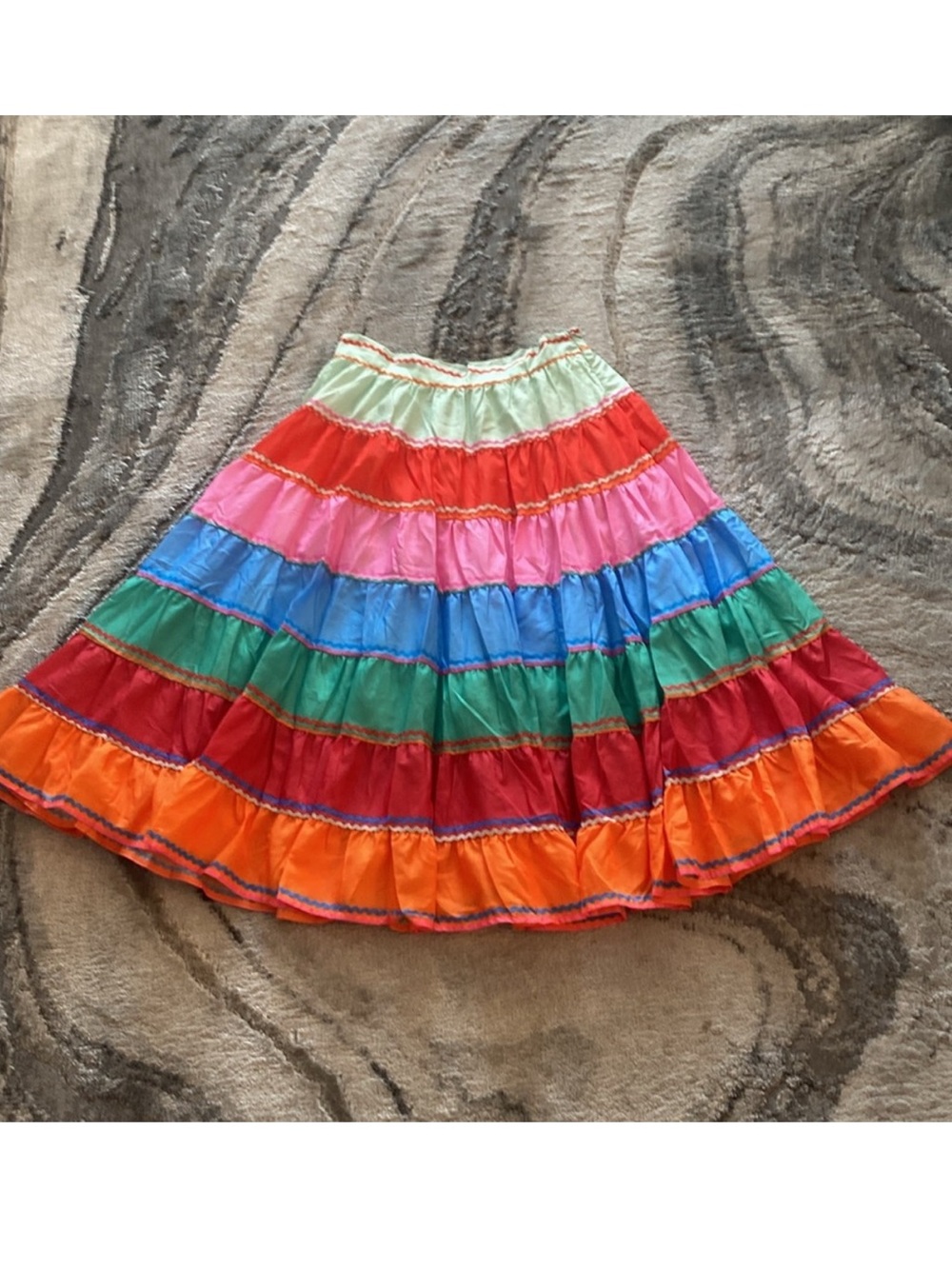 Two Twin Style Striped printed ribbon accents flared Midi Skirt Asian size XL